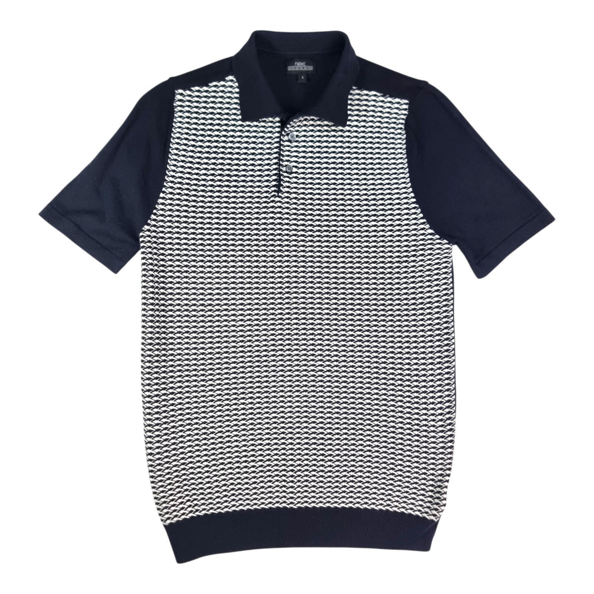 Next Knit Polo Shirt Men's UK Size M Navy Blue Textured Short Sleeve 100% Cotton