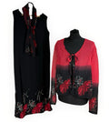Floral Dress Set Women's UK Size XL (16) Chiffon Midi Cardigan & Scarf Black Red