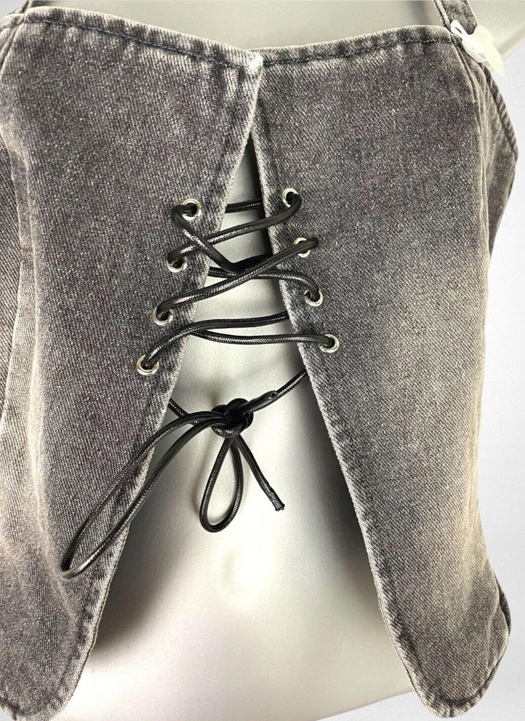 Dark Grey Denim Tank Top Lace Up Front Bow Detail Women's UK Size S