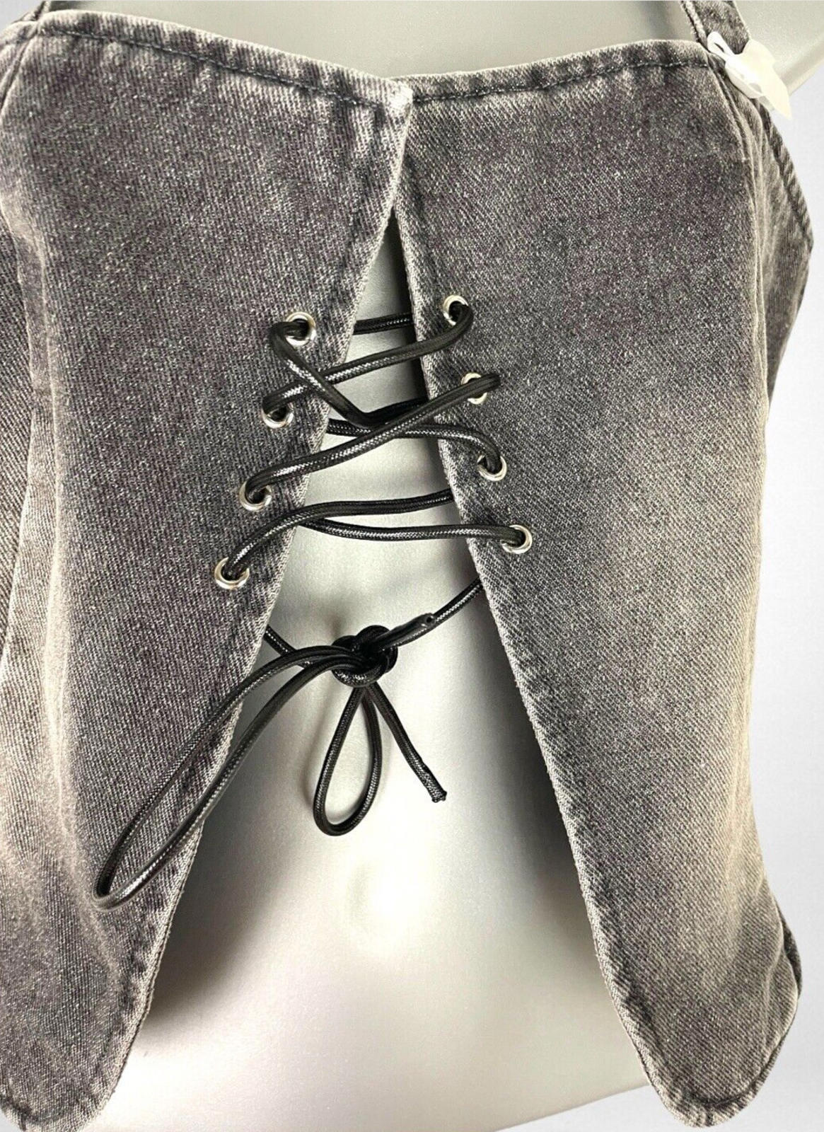 Dark Grey Denim Tank Top Lace Up Front Bow Detail Women's UK Size S