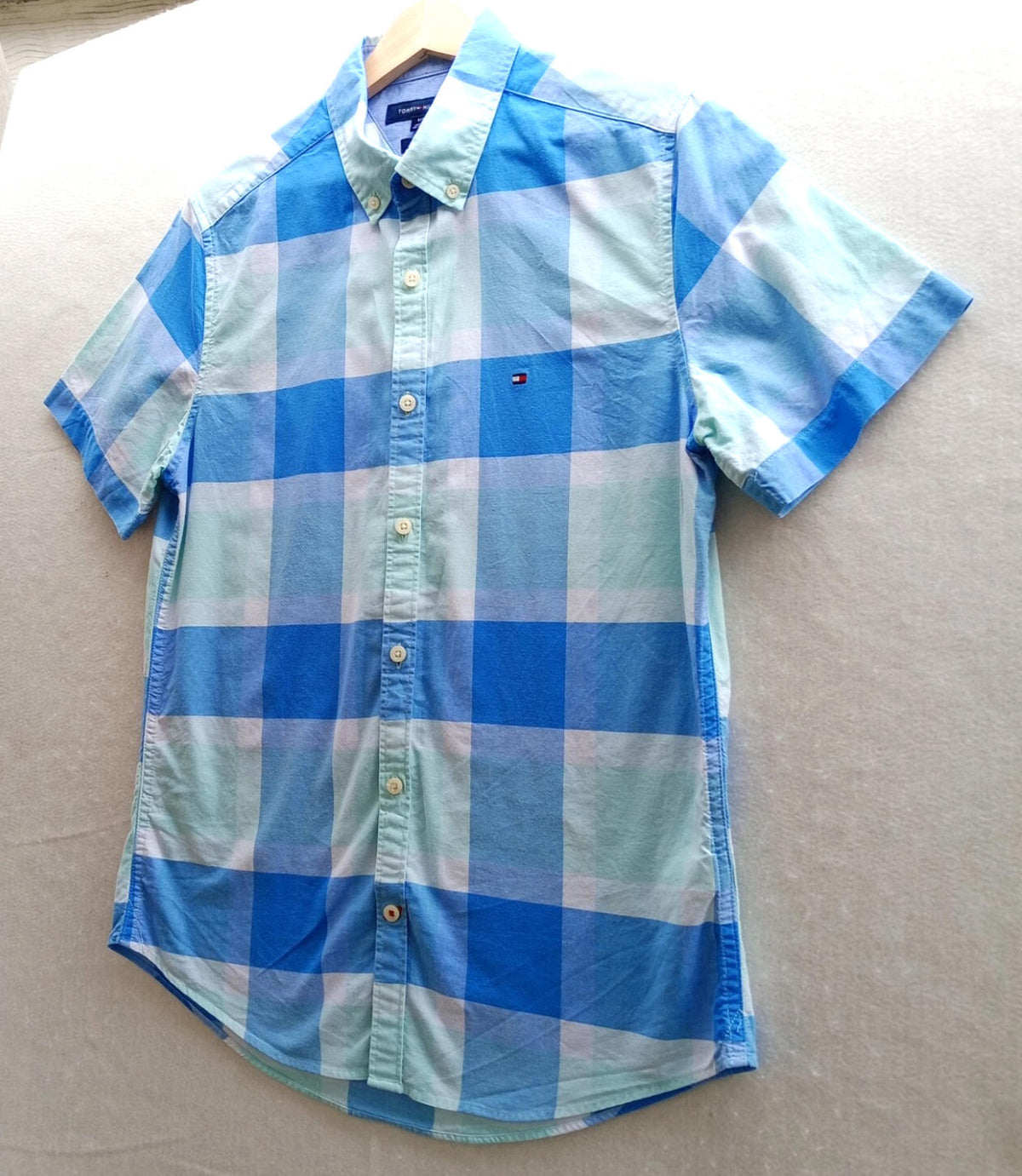 Tommy Hilfiger Button Down Shirt Men's UK Size S Slim Fit Check Short Sleeve