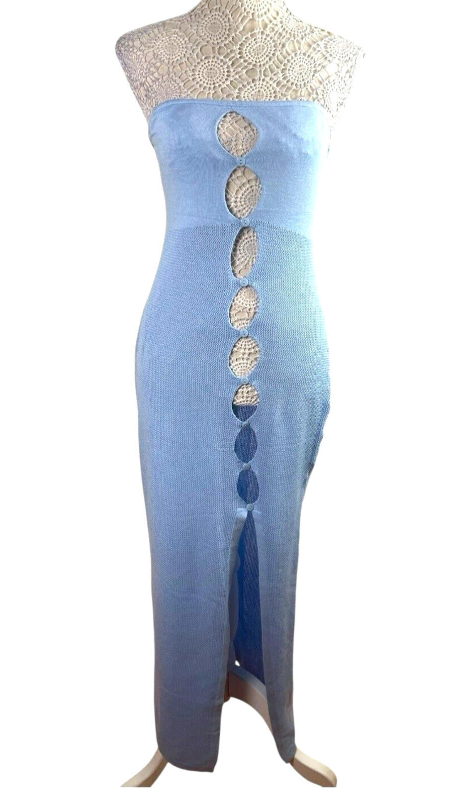 Light Blue Knit Beach Dress Maxi Cut Out Design Women's UK Size 10-12