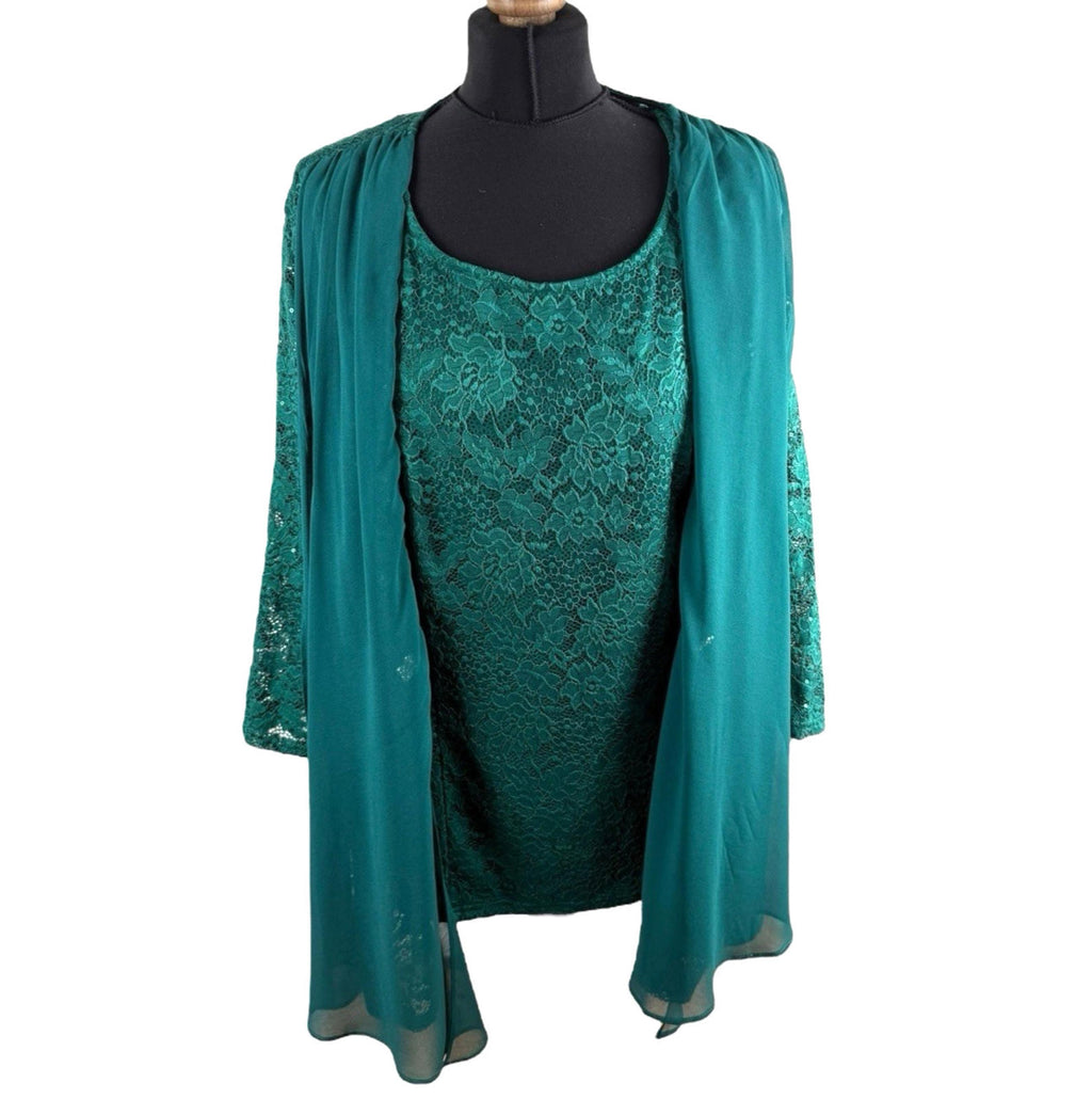 Hanna Nikole Green 2 Piece Blouse Jacket Set Lace Sequin Women's UK Size 22