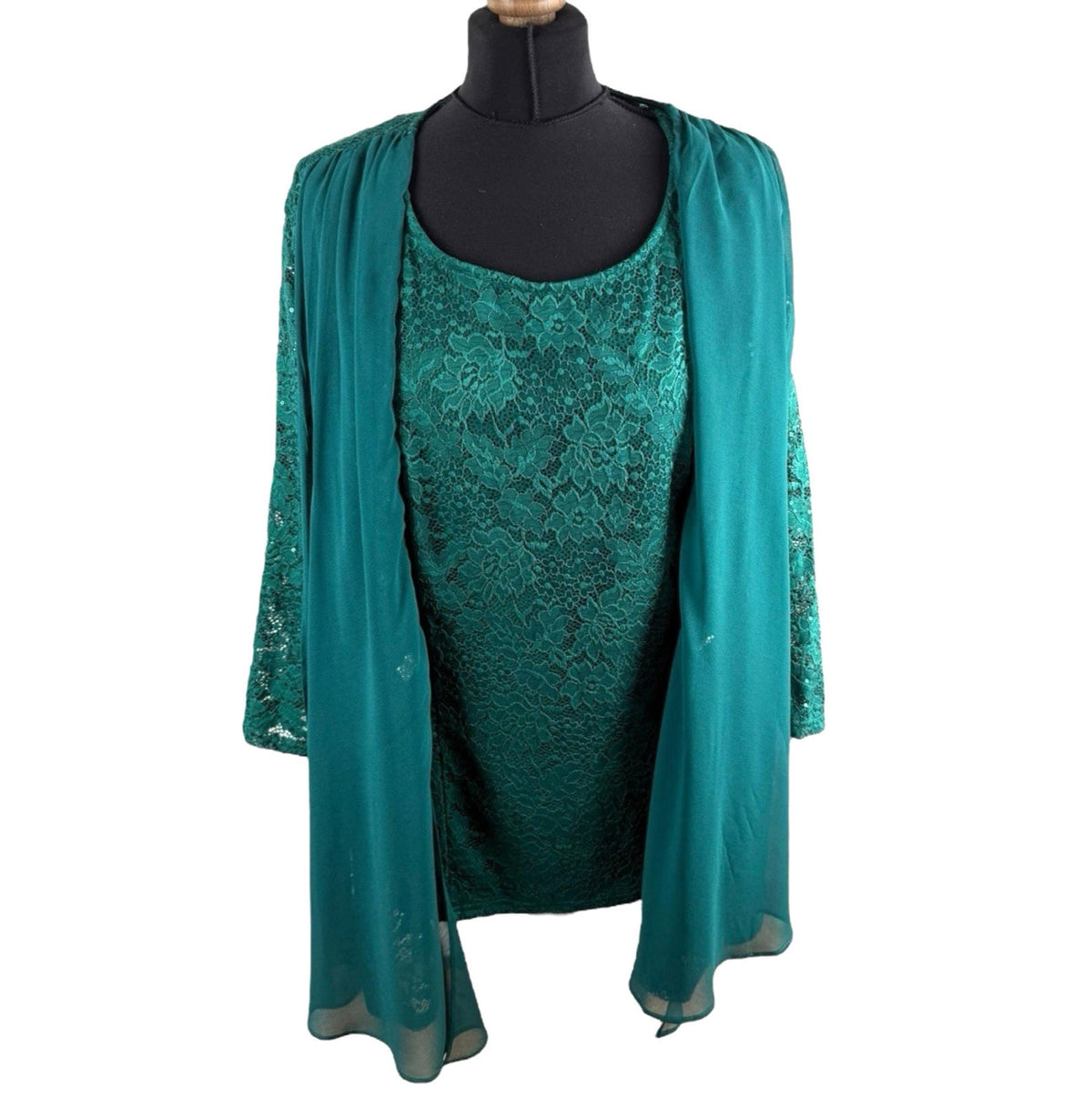 Hanna Nikole Green 2 Piece Blouse Jacket Set Lace Sequin Women's UK Size 22