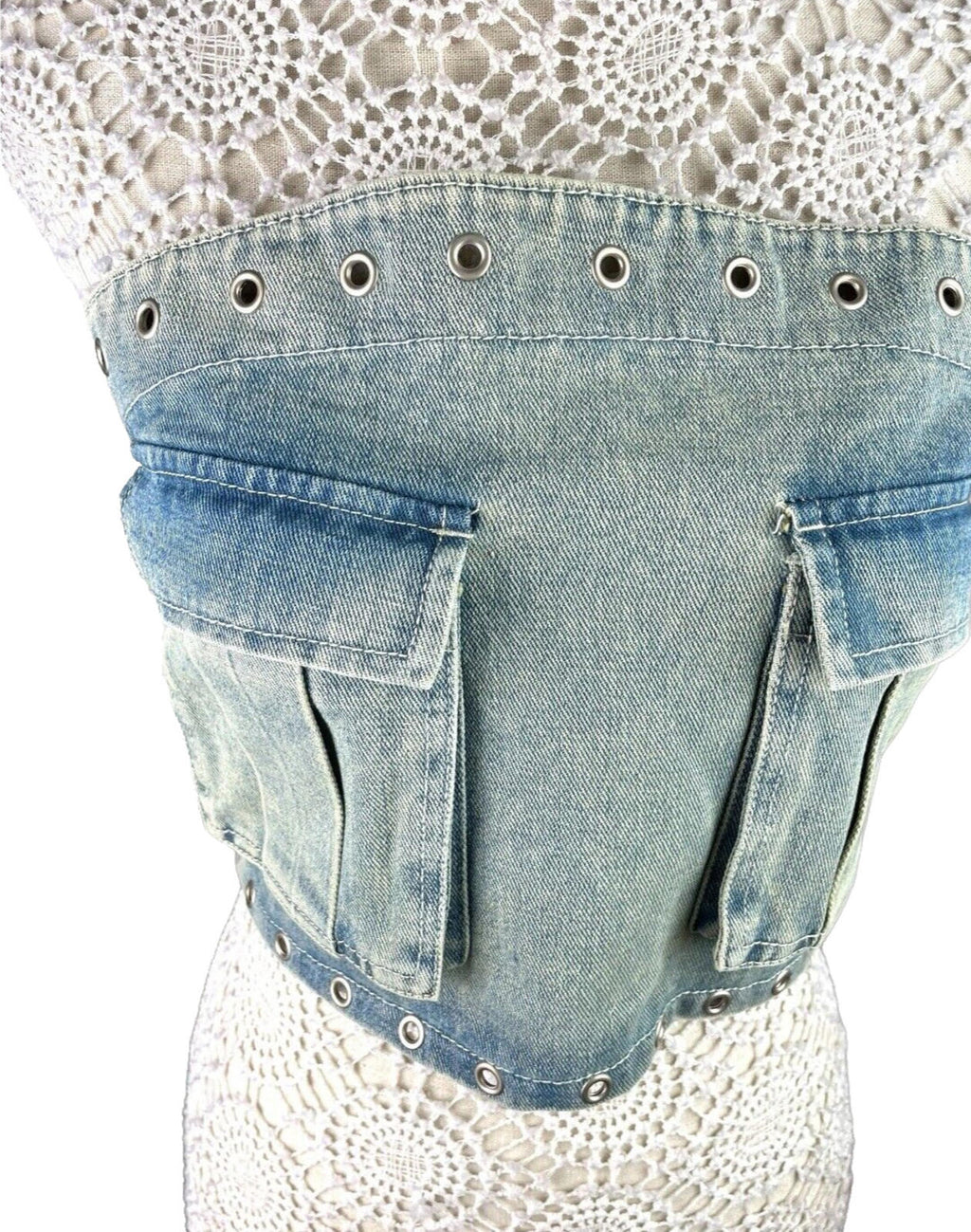 London Crew Light Wash Denim Crop Top Women's UK Size 8 Blue Pockets Shirred