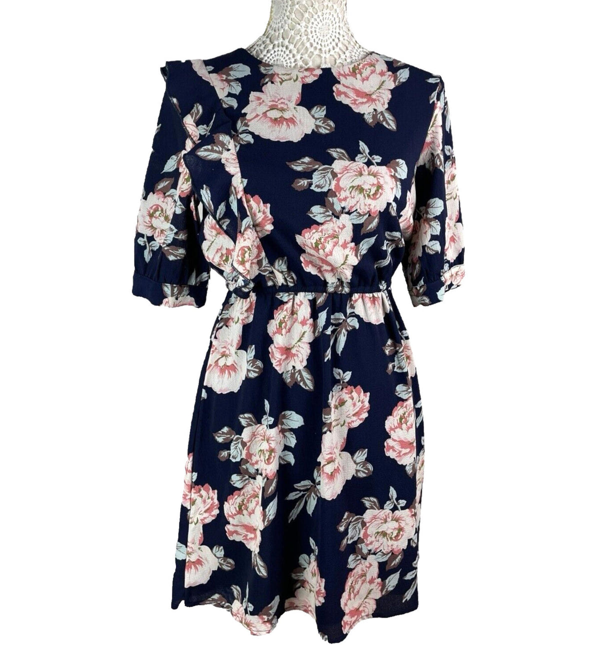Urban Bliss Midi Dress Navy Floral High Neck Elastic Waist Women's UK Size 10