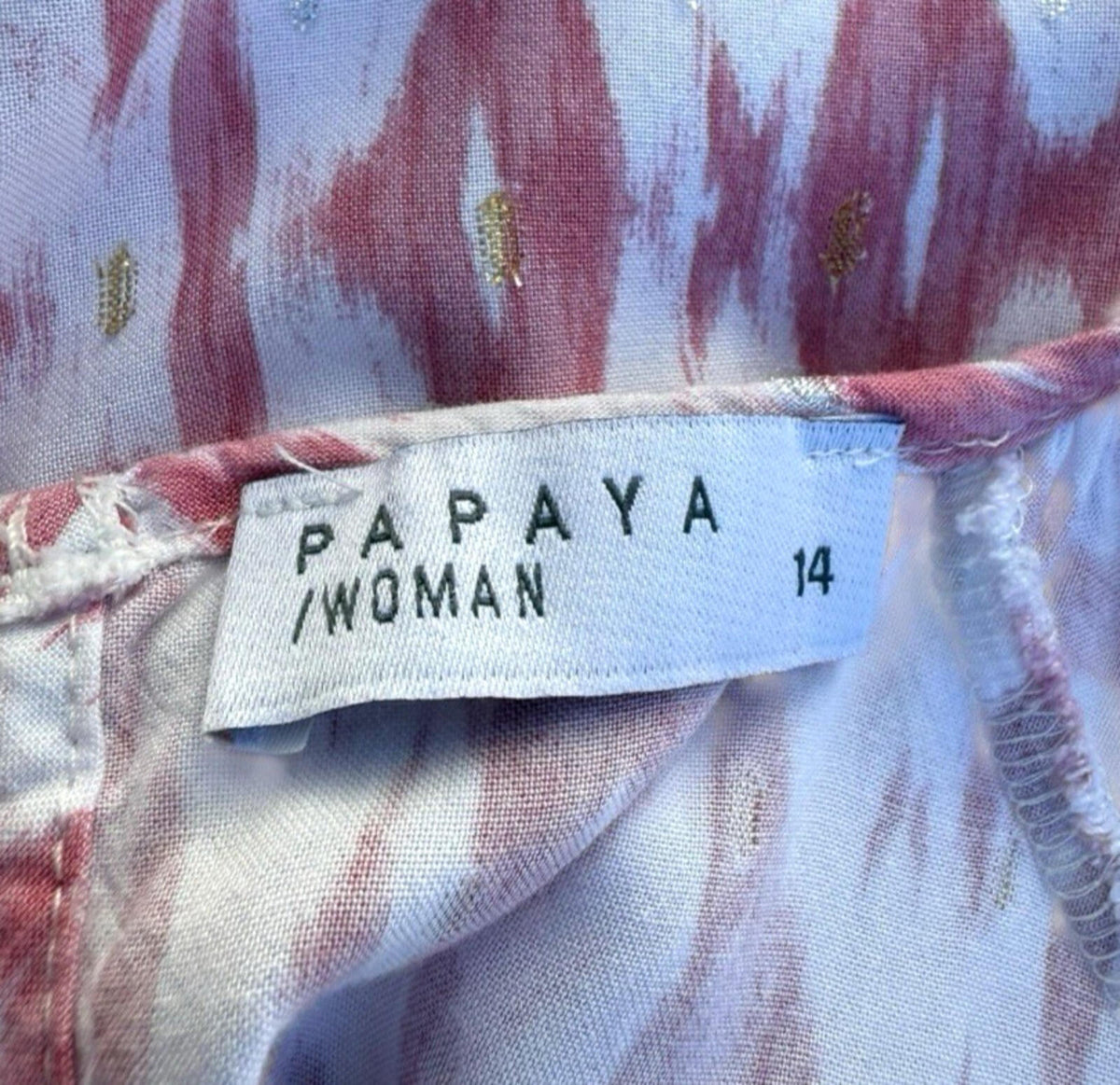 Papaya Pink White T-Shirt Blouse Gold Shimmer Geometric Print Women's UK Size 14