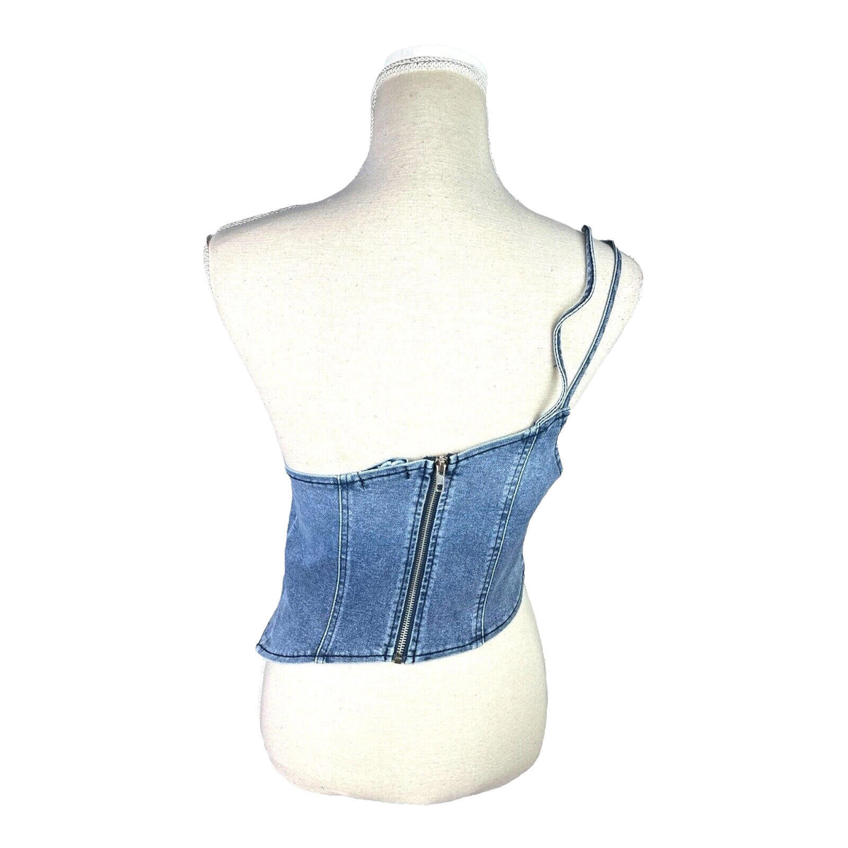 Blue Denim One Shoulder Asymmetrical Crop Top Mock Pocket Women's UK Size 8