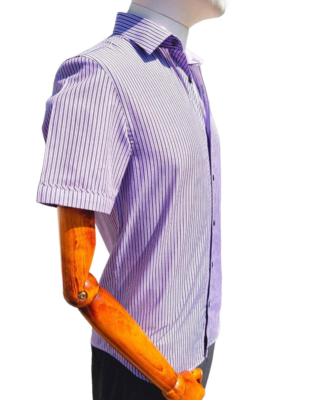 Jeff Banks Mens Shirt Small Purple White Stripe Short Sleeve Cotton Casual Smart
