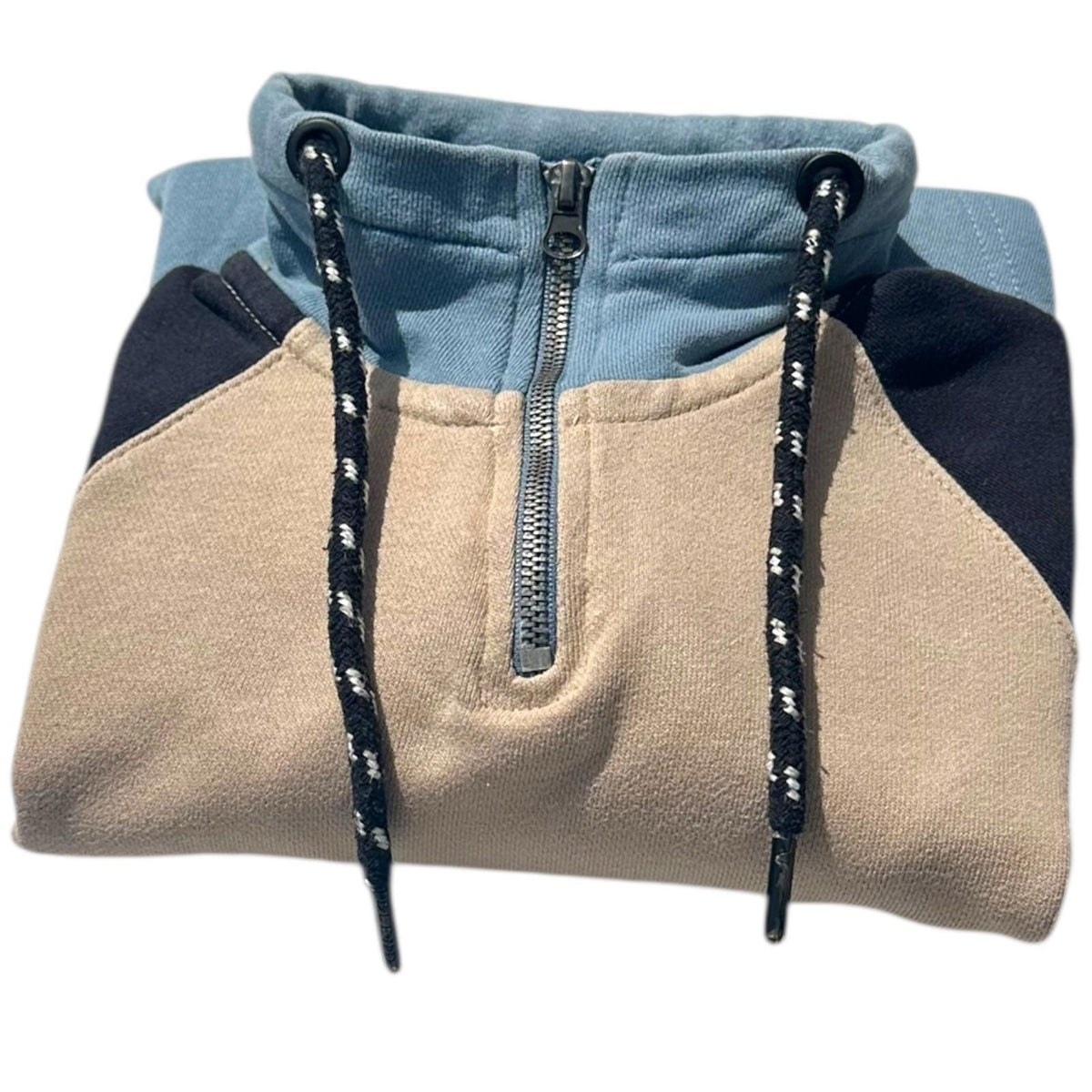 Blend Sweatshirt Men's UK Size S Blue Beige 1/4 Zip Drawstring 100% Cotton