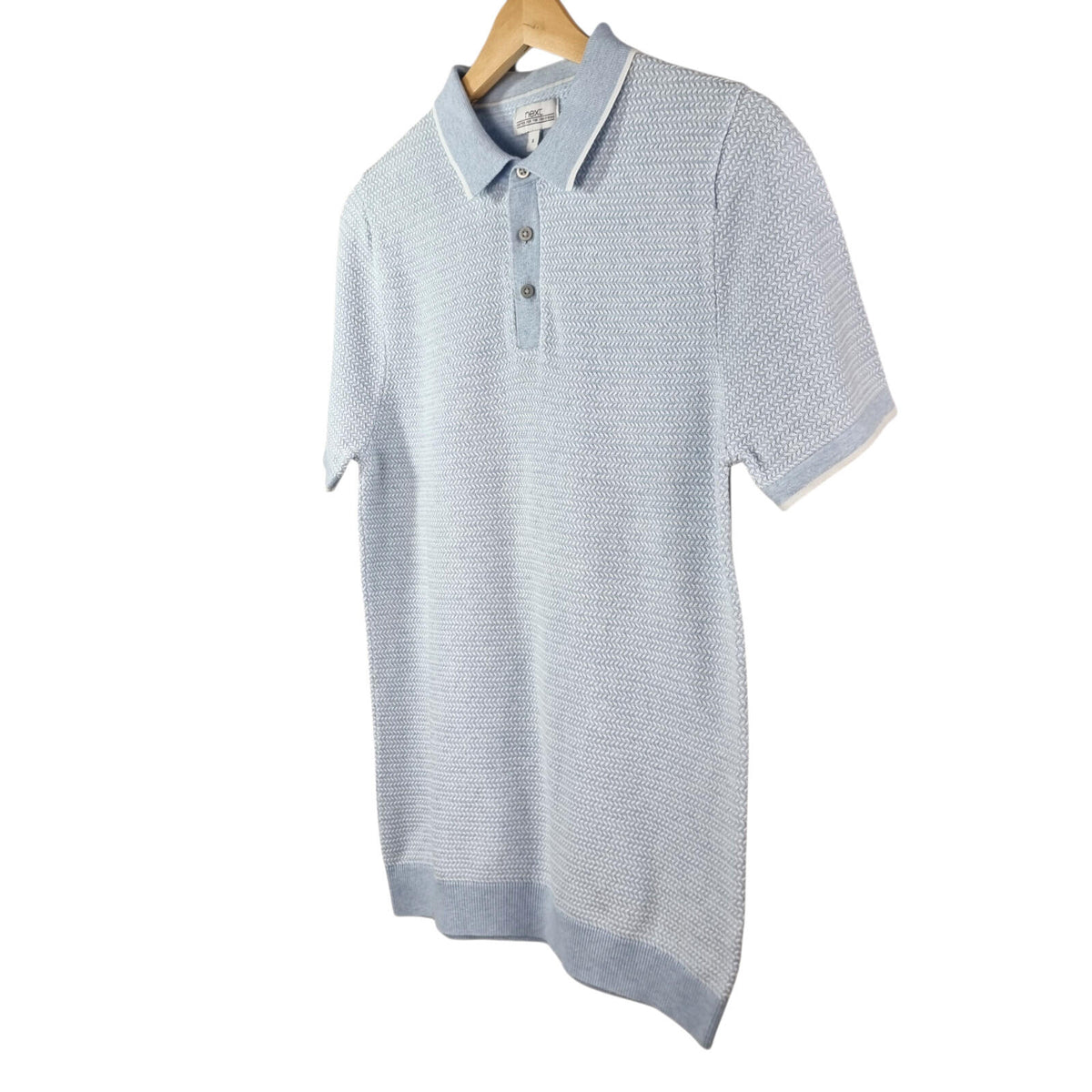 Next LightBlue Next Knit Polo Shirt Men's UK Size S Textured Sky Blue Short Sleeve 100% Cotton