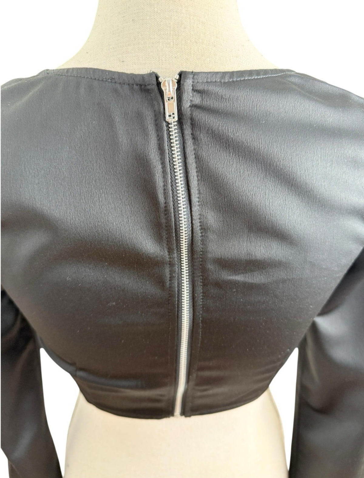Pretty Little Thing Black Satin Crop Top Puffball Sleeve Women's UK Size 8