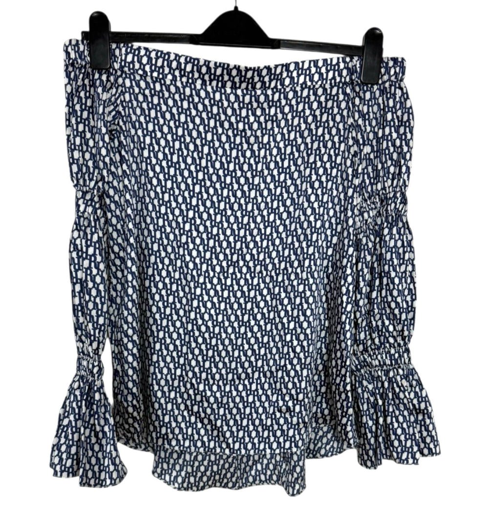 River Island Satin Off Shoulder Top Women's UK Size 12 Logo Print White Navy