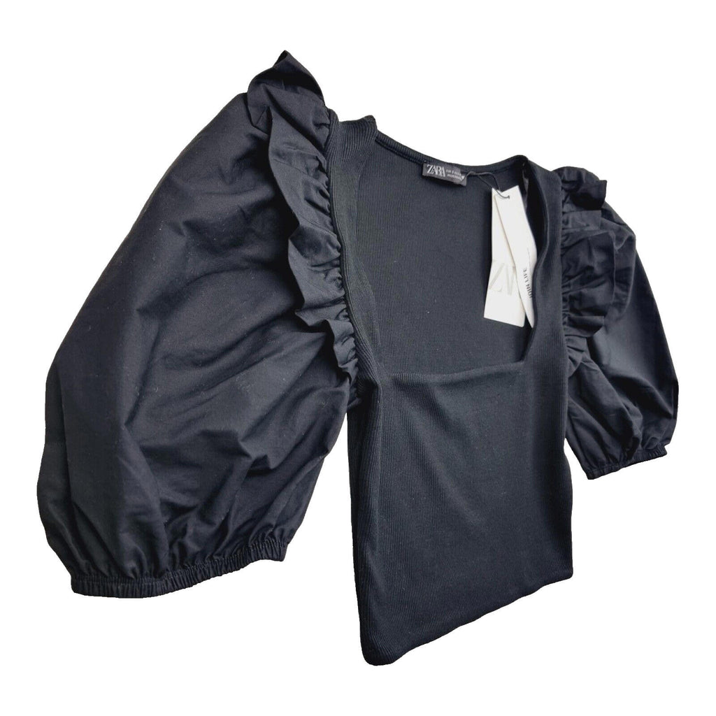 ZARA Black Zara Crop Top Balloon Sleeve Black Ribbed Ruffle Women's UK Size Small S