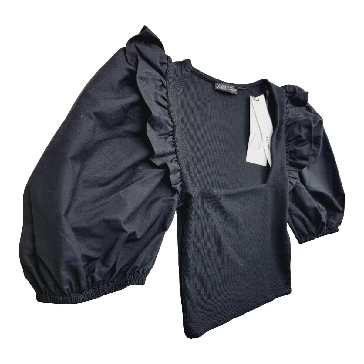 ZARA Black Zara Crop Top Balloon Sleeve Black Ribbed Ruffle Women's UK Size Small S