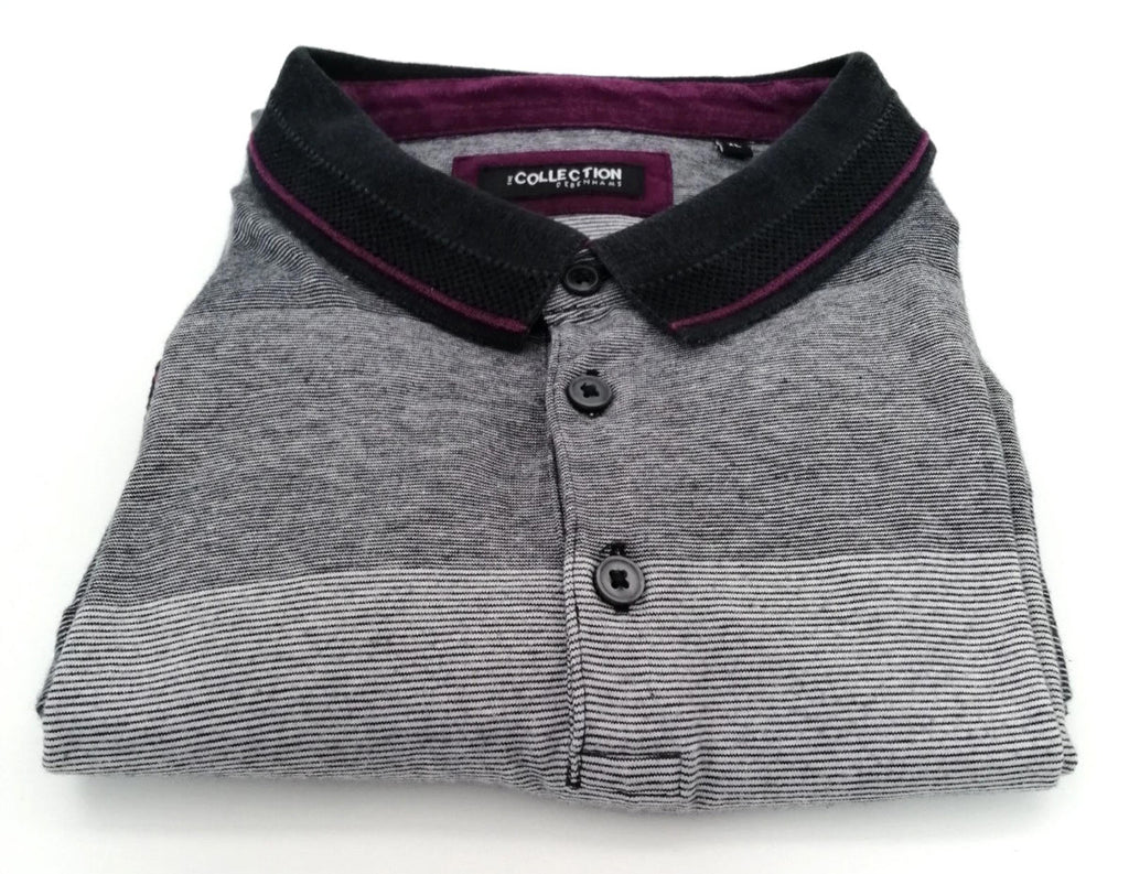 Debenhams Gray Debenhams Men's UK Size XL Grey Polo Shirt Striped Plum Black Collar Side Gusset