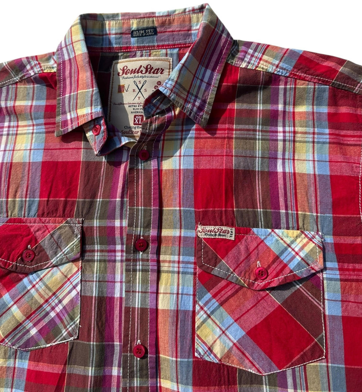 SoulStar Shirt Men's UK Size XL Red Check Embroidered Logo 100% Cotton Summer