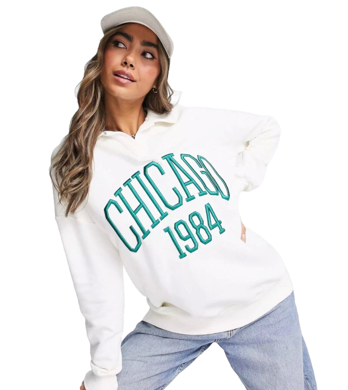 Stradivarius Over Sized Jersey Jumper Collared White Chicago Women's UK Size XS