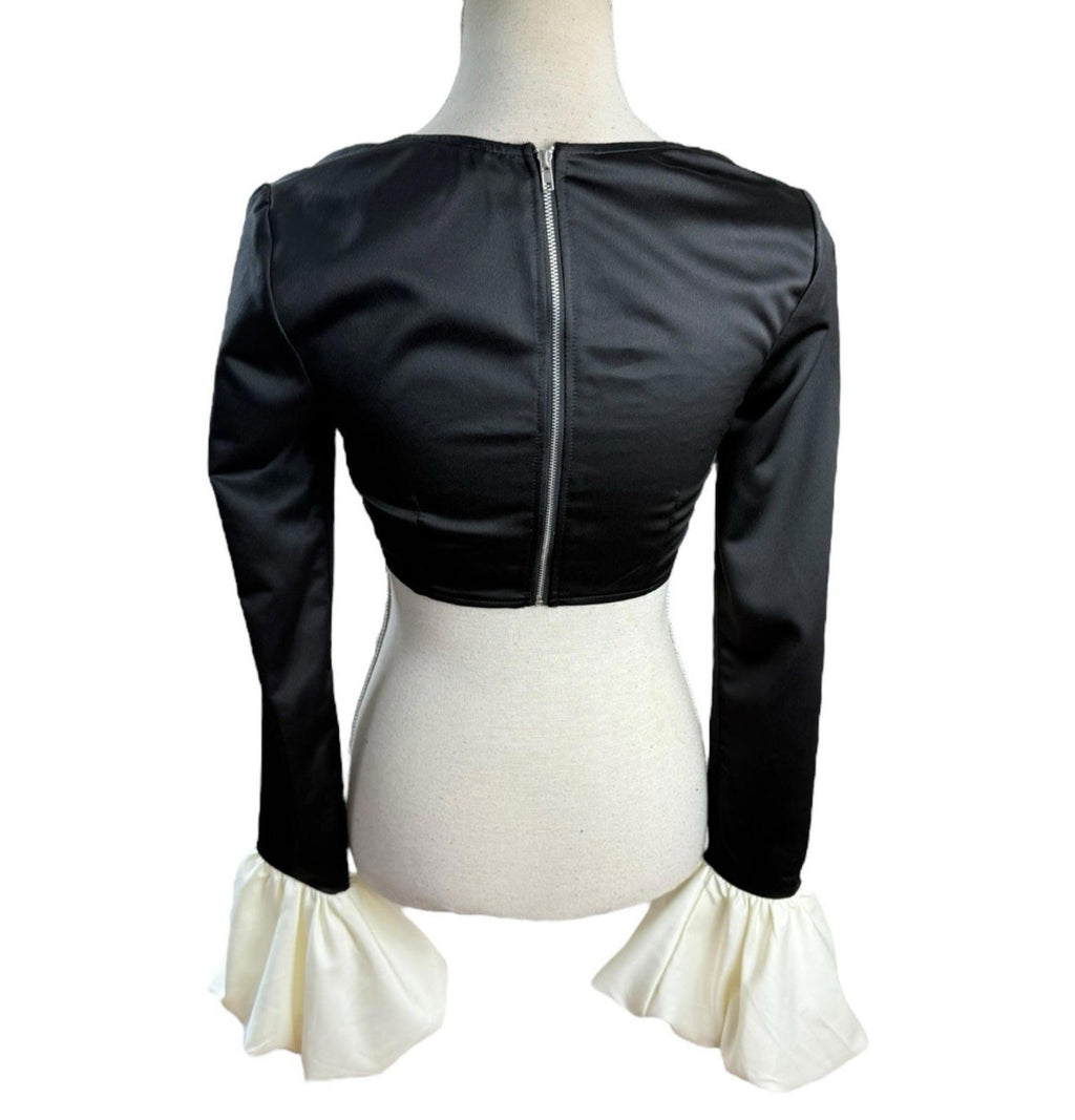Pretty Little Thing Black Satin Crop Top Puffball Sleeve Women's UK Size 8