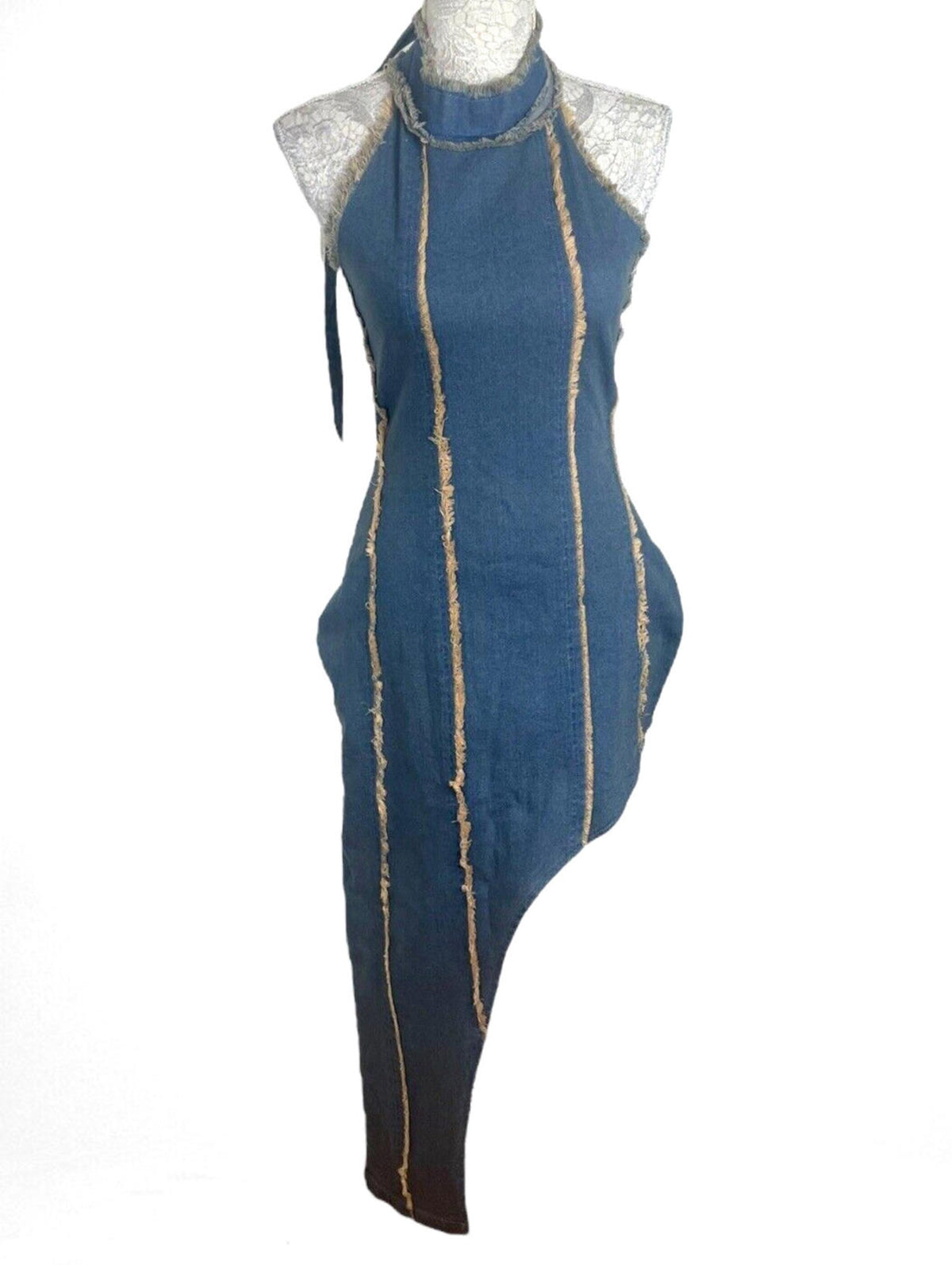Denim Dress Irregular Stretch Halterneck Tapered Seems Women's UK Size 8