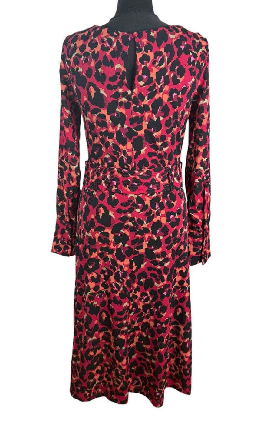 Next Leopard Print Midi Dress Women’s UK Size 6 Red & Black Long Sleeve Belted