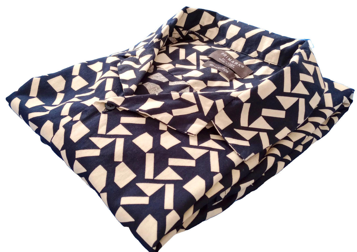 Primark Shirt Short Sleeve Geometric Black White 100% Cotton Men's UK Size 2XL