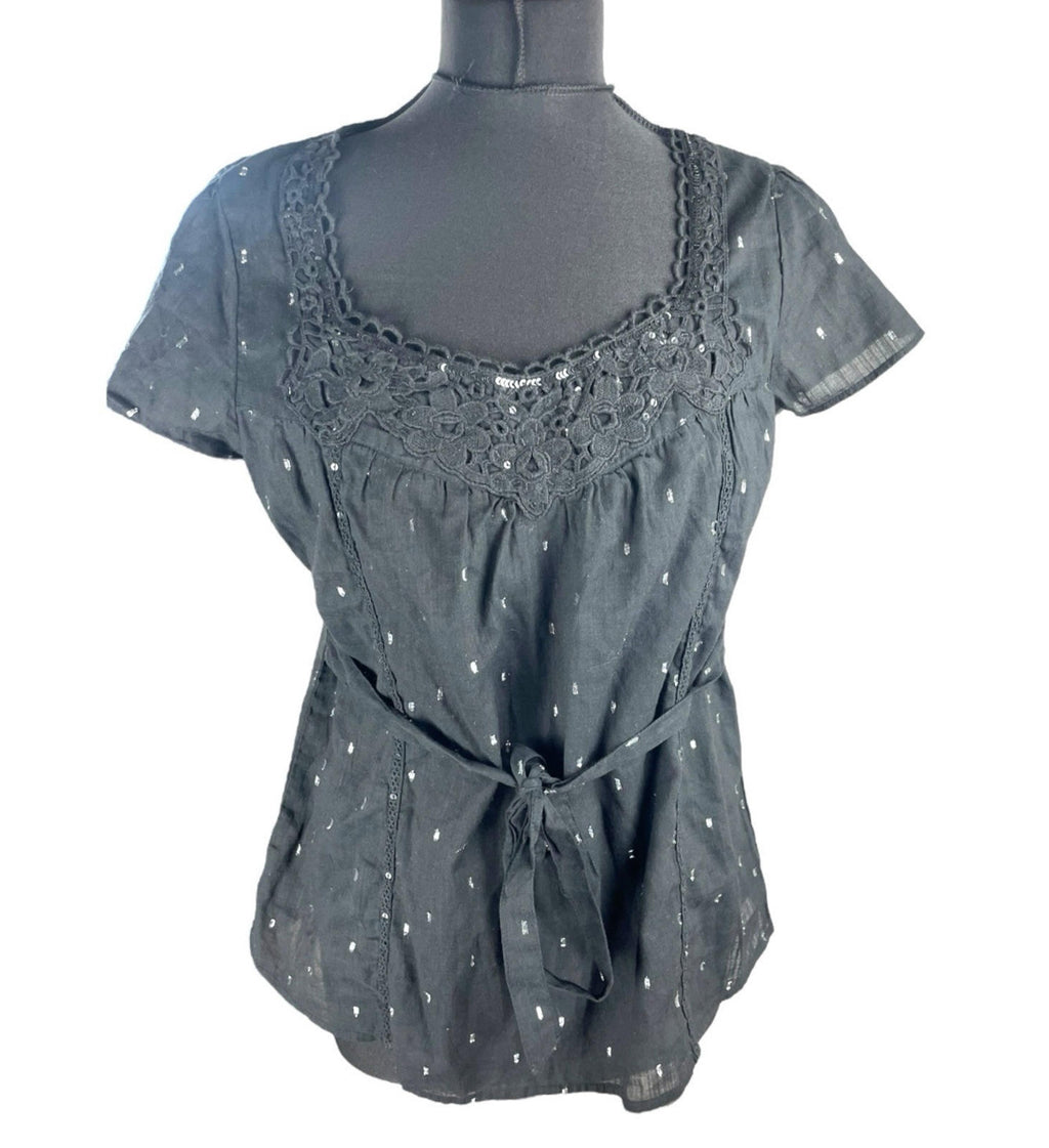 Oasis Black Oasis Blouse Women's UK Size 10 Black Glitter Lace Neckline Belted