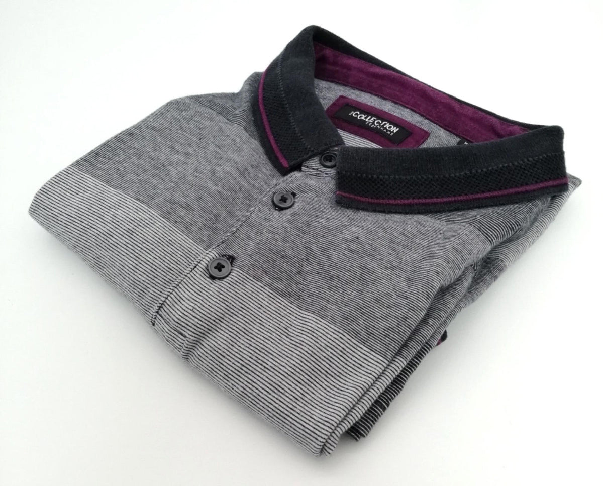 Debenhams Gray Debenhams Men's UK Size XL Grey Polo Shirt Striped Plum Black Collar Side Gusset