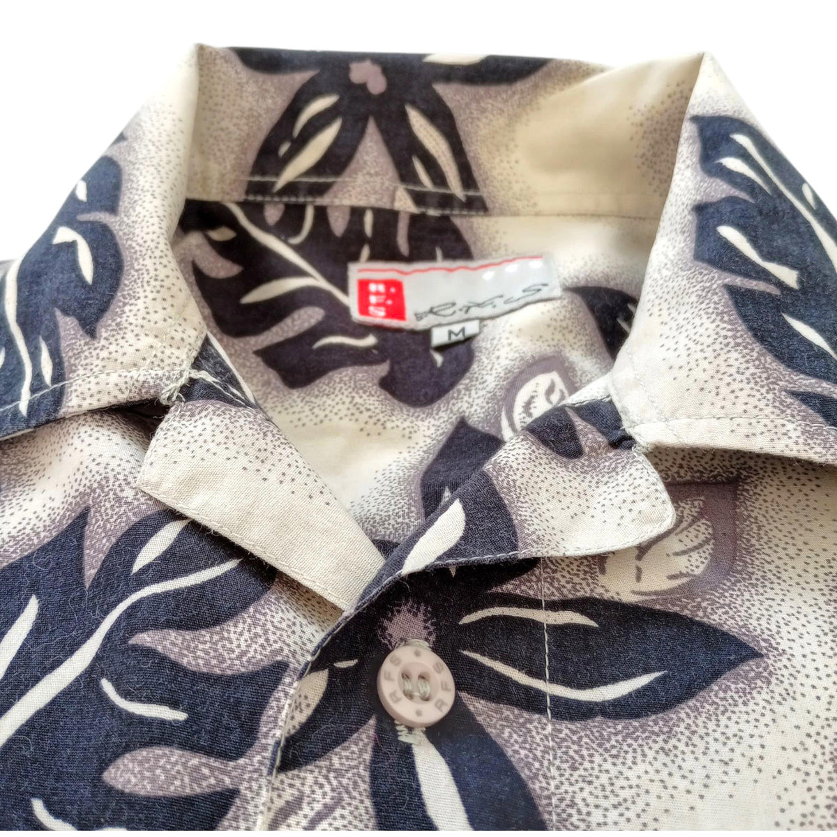 R.F.S. Shirt Short Sleeve Beige Leaf Pattern 100% Cotton Men's UK Size L Large
