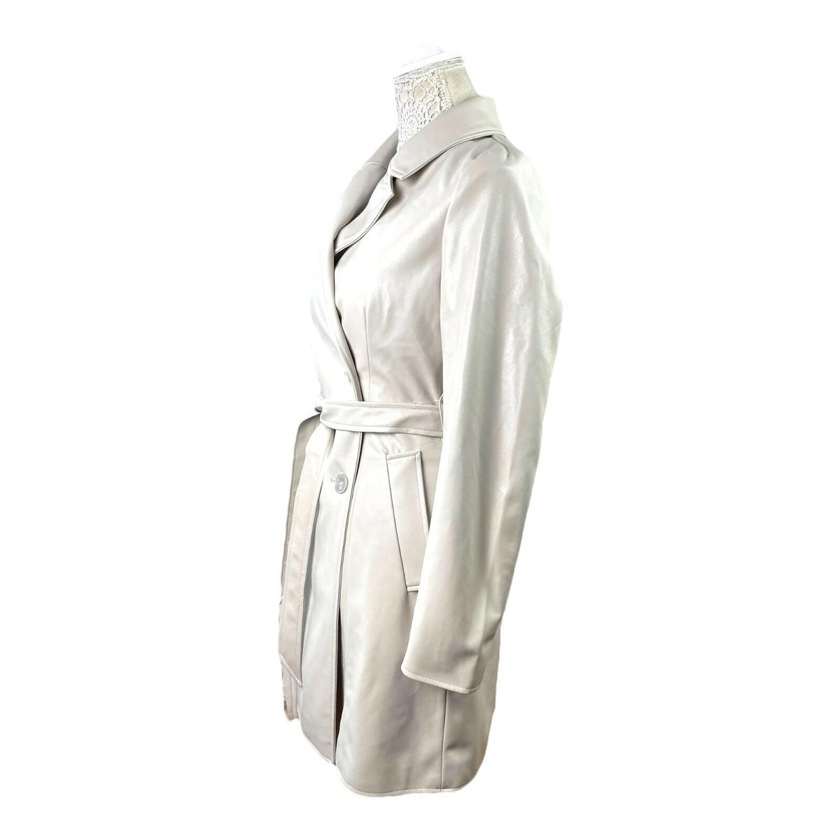 Divided Faux Leather Trench Coat Belted Beige Grey Women's UK Size XS