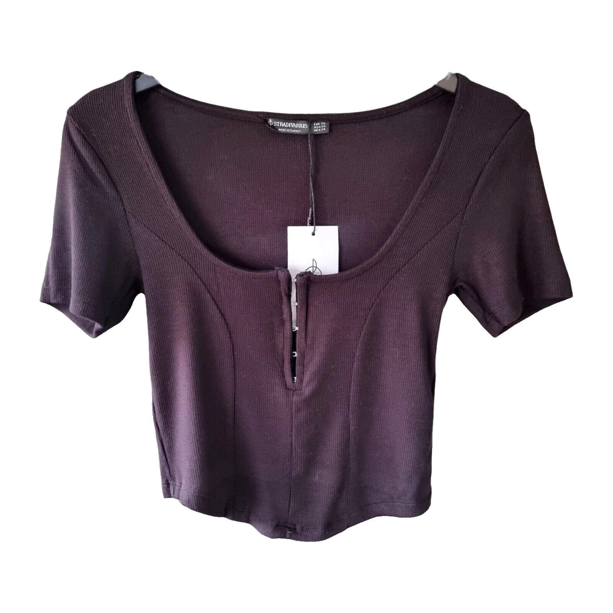 stradivarius Black Stradivarius Crop Top Ribbed Black Clasp Fasten Women's UK Size XS