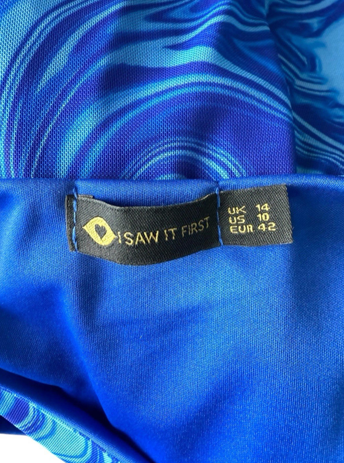 I Saw It First Blue Swirl Print Mini Dress Ruffle Side Women’s UK Size 14