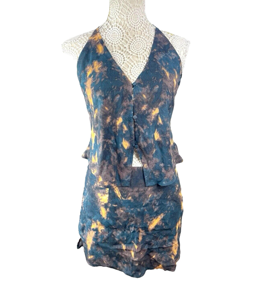 Navy Tie-Dye Mini Skirt & Top Co-Ord Set Women's UK Size 8 Rustic Halterneck Blue
