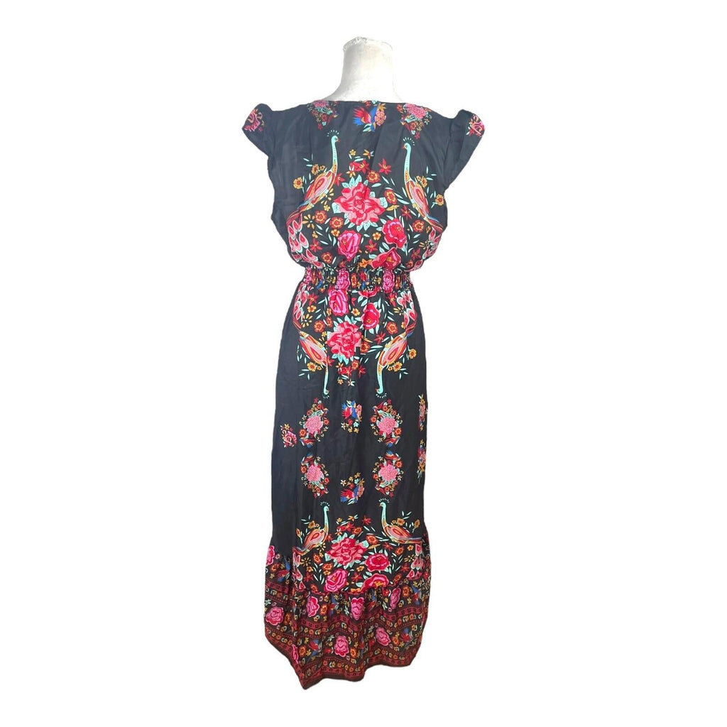 Floral & Peacock Maxi Dress Women's UK Size L Multi Length Button Down Front