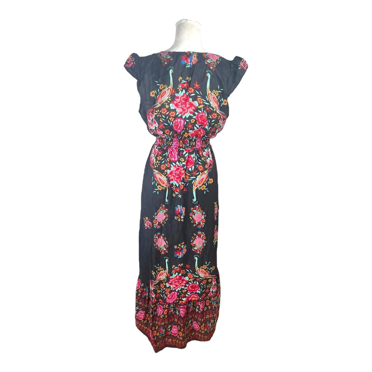 Floral & Peacock Maxi Dress Women's UK Size L Multi Length Button Down Front