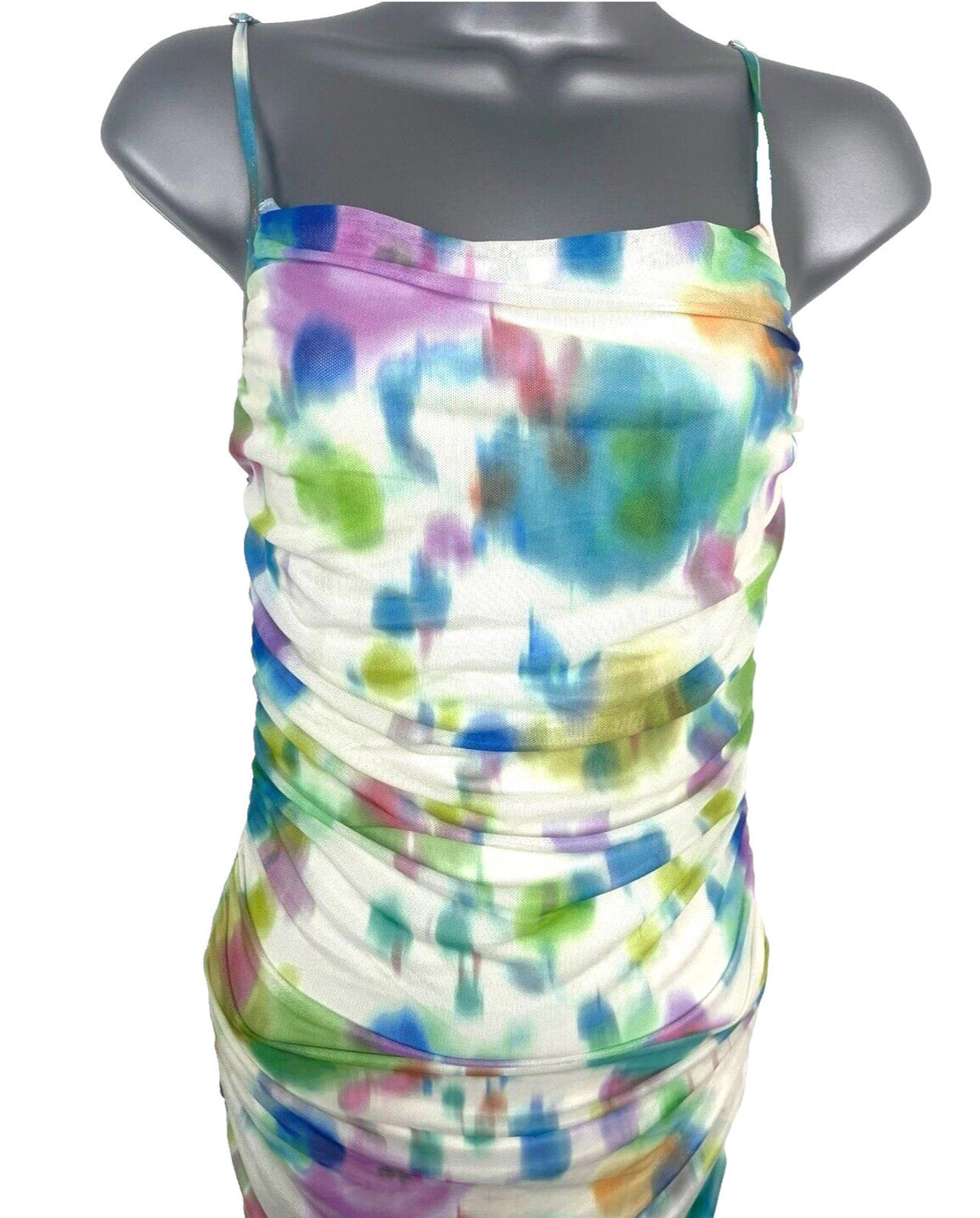 Stradivarius Maxi Dress Women's UK Size XS Ruched Sleeveless Abstract Mesh