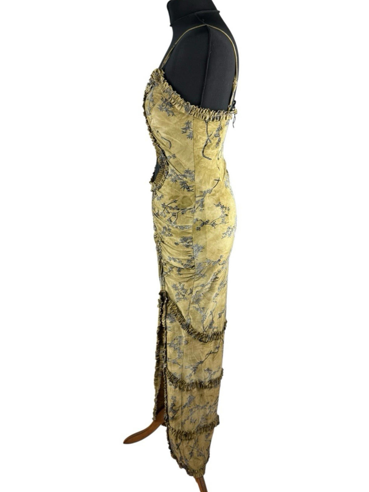 Pretty Little Thing Floral Bodycon Dress Gold Women's UK Size 8 Ruched Cut Out Waist