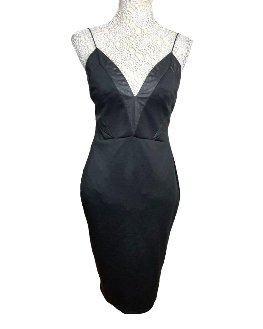 AX Paris Black Midi Dress Body Con Faux Leather Panels Women's UK Size 12