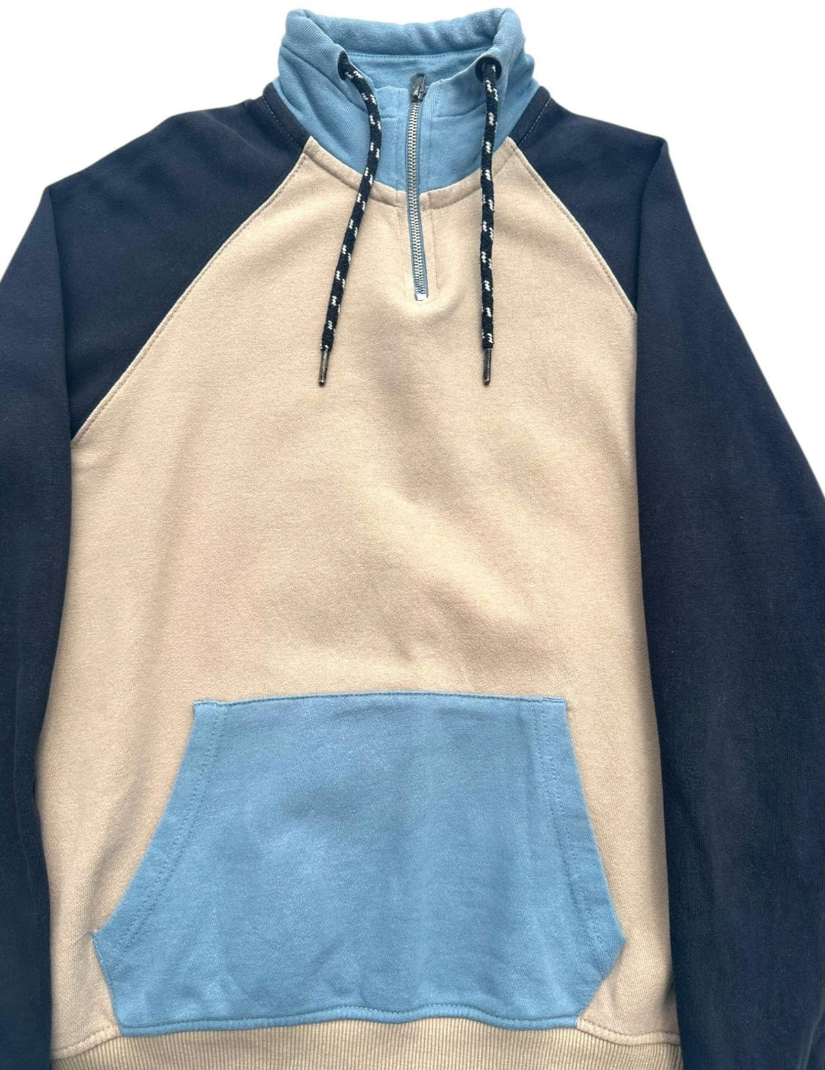Blend Sweatshirt Men's UK Size S Blue Beige 1/4 Zip Drawstring 100% Cotton