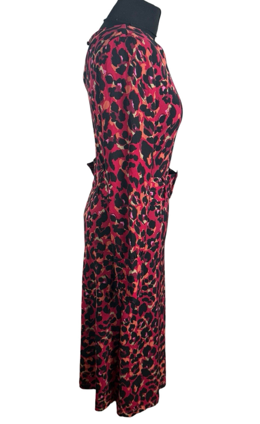 Next Leopard Print Midi Dress Women’s UK Size 6 Red & Black Long Sleeve Belted