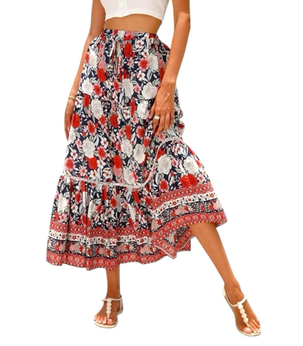 Bohemian Floral Swing Skirt Midi High Waist Women's UK Size L (12)
