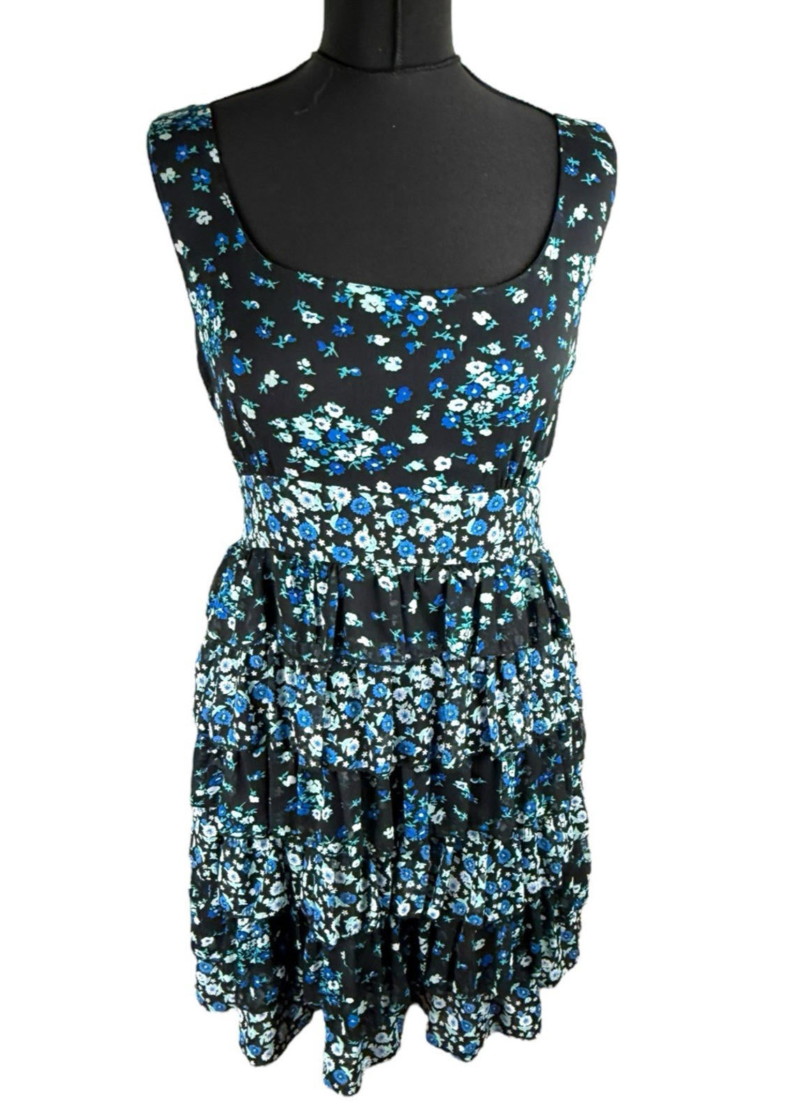 Austin Black Floral Mini Dress Ruffle Layers Tie Back Women's UK Size 18