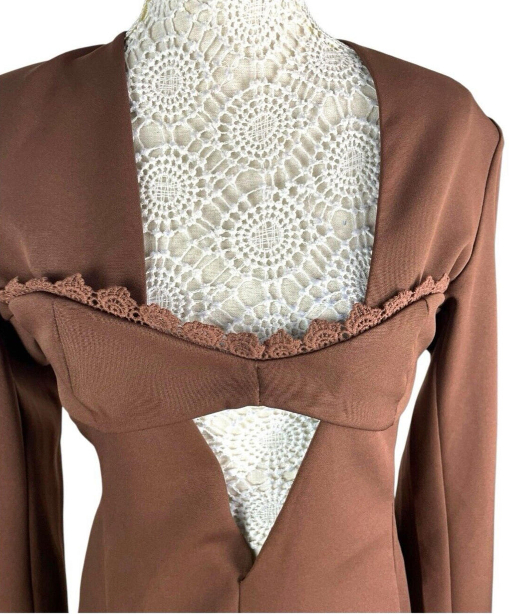Pretty Little Thing Blazer Midi Dress Women's UK Size 8 Chocolate Lace Trim