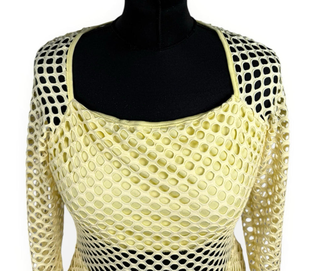 Edge Fishnet Bodycon Midi Dress Women's UK Size 14 Long Sleeve Stretch Yellow