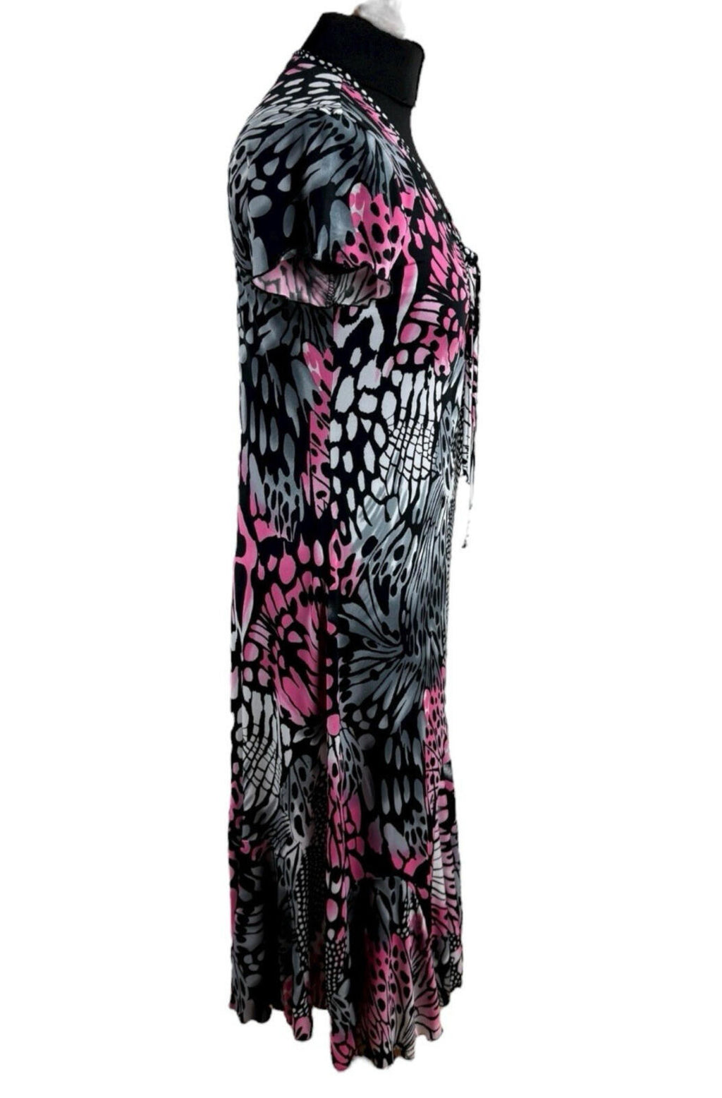 Black Pink Midi Dress Short Sleeve Stretch V Neck Women’s UK Size M (10-12)