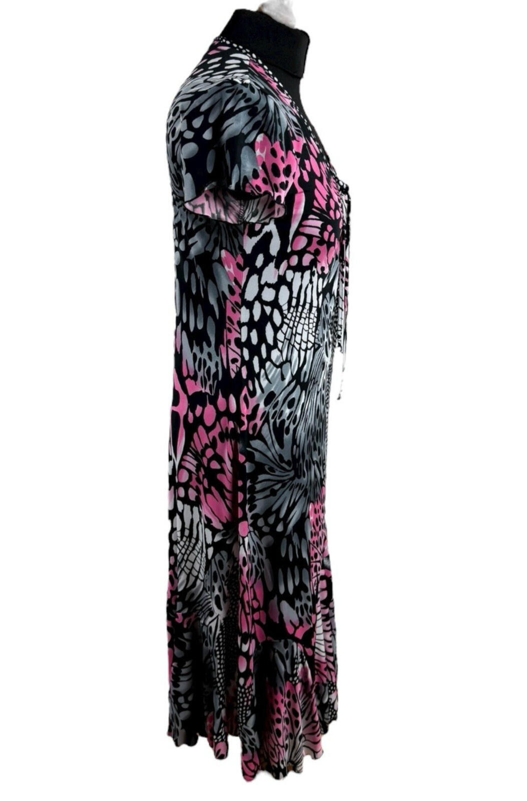 Black Pink Midi Dress Short Sleeve Stretch V Neck Women’s UK Size M (10-12)