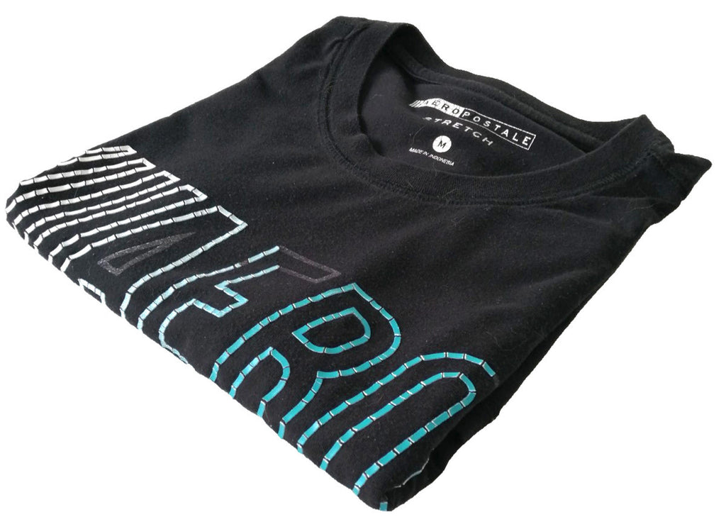 Areopostale Black Graphic Print T-Shirt Men's Size M Black Crew Neck Stretch Fit