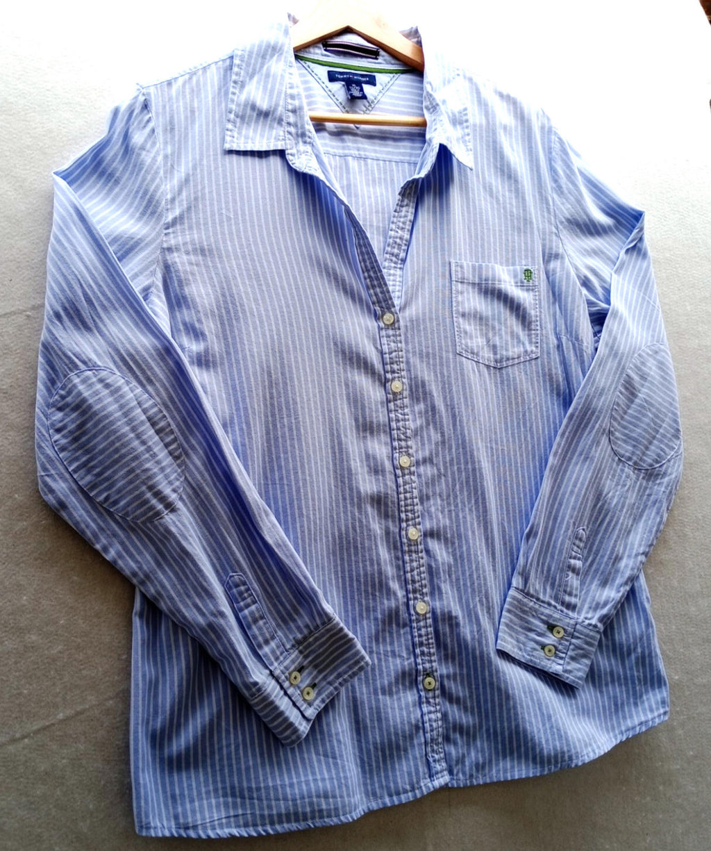 Tommy Hilfiger Shirt Men's UK Size XL Blue Striped Long Sleeve Pockets Easy Care