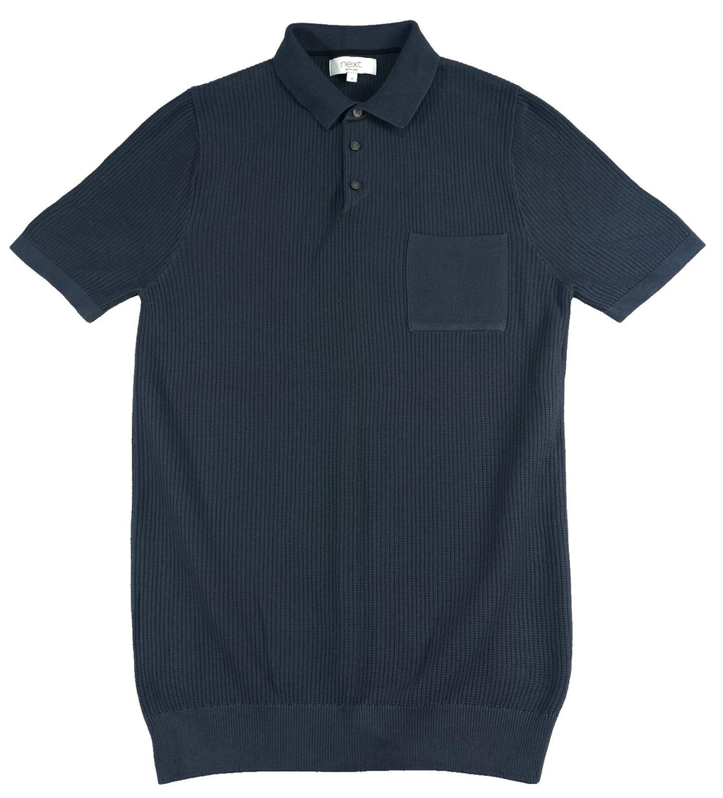 Next Textured Polo T-Shirt Men's UK Size S Navy Blue Short Sleeve 100% Cotton Pocket