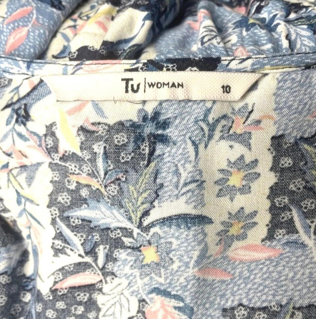 TU Floral Print Midi Dress Women's UK Size 10 Blue Long Bell Sleeve V-Neckline